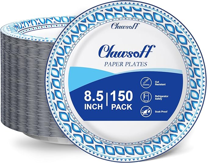 150 Count 8.5 Inch Paper Plates Bulk, Cut Proof Heavy Duty Paper Plates, Soak Proof Dessert Plate, Disposable Dinner Plate for Party, Birthday and Picnic