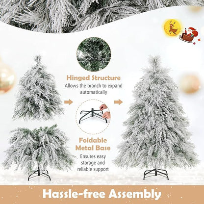 GOFLAME 4.5ft Pre-Lit Christmas Tree Snow Flocked, Hinged Artificial Xmas Tree with 279 Branch Tips, 150 Warm White LED Lights, Willow Leaves, Holiday Decoration Tree for Home Office Party