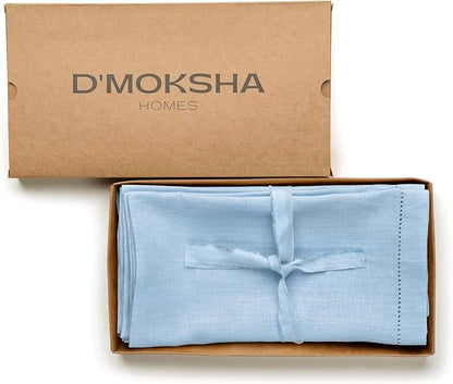 D'Moksha Homes Powder Blue Linen Napkins Set of 4 - Classic Hemstitch 100% Pure Linen Dinner Napkins Cloth 20 x 20 Inch for Winter, Christmas, Holiday - Handcrafted and Machine Washable