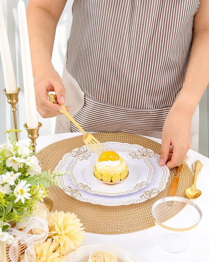 Ciaell 350 PCS Gold Plastic Plates - White and Gold Plates - Gold Disposable Plates Include 50 Disposable Plate, 150 Heavy Duty Silverware, 50 Cups, 50 Napkins for Wedding & Party & Thanksgiving