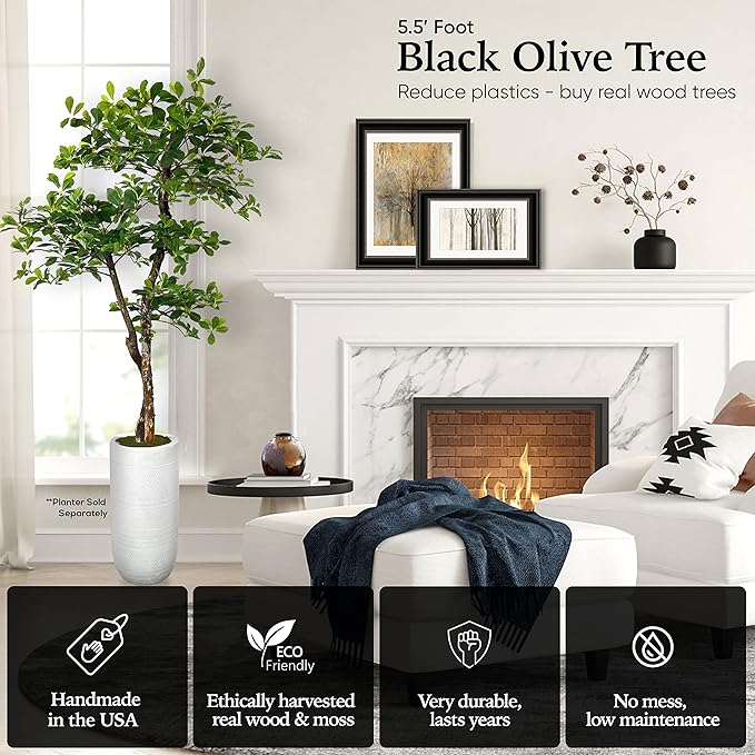 Cypress & Alabaster Handmade 5ft 3-Tier Black Olive Leaf Artificial Tree with Ethically Sourced Real Wood Trunks, Hypoallergenic, 5-Foot, Green