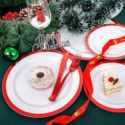 I00000 60PCS Red Plastic Plates White and Red Party Plates Disposable Christmas Plastic Plate Set Include 30 Dinner Plates, 30 Dessert Plates, Fancy Plates Perfect for Christmas Parties