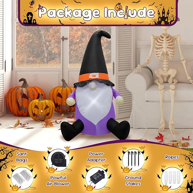 4FT Gnome Halloween Inflatable Helloween Goblin Decoration Halloween Blow Up Decor with LED Lights Indoor Outdoor Graden Yard Party Holiday Decor