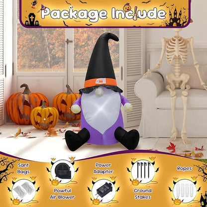 4FT Gnome Halloween Inflatable Helloween Goblin Decoration Halloween Blow Up Decor with LED Lights Indoor Outdoor Graden Yard Party Holiday Decor