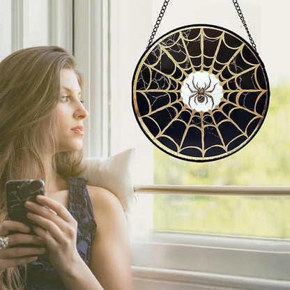 Stained Glass Window Hanging - Black Gold Spider Suncatcher for Door Terrace Garden Home Decor Halloween Sun Catcher Christmas Birthday Gifts for Lovers Women Men Dad Mom Nana 9.8 in