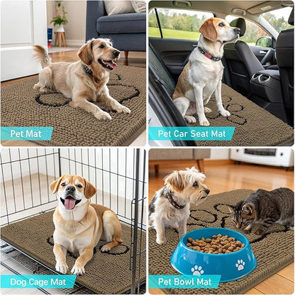 OLANLY Dog Door Mat for Muddy Paws 70x24, Paw Print Design, Absorbs Moisture and Dirt, Absorbent Non-Slip Washable Doormat, Quick Dry Chenille Mud Mat for Dogs, Entry Indoor Entryway Carpet, Tan
