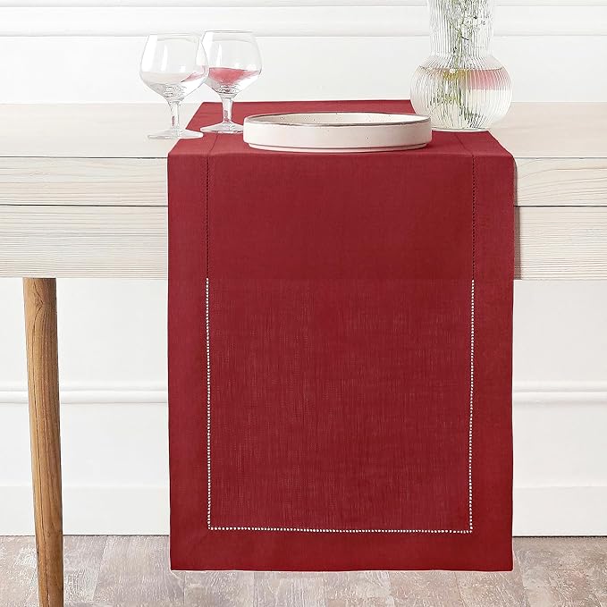 D'Moksha Homes Linen Red Table Runner 60 Inches - Classic Hemstitch, 100% Pure Linen Coffee Table Runner 14 x 60 Inch Ideal for Dresser Tables - Winter, Christmas, Holiday