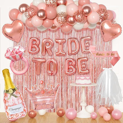 Ouddy Life Rose Gold Bachelorette Party Decorations, Bride to Be Bridal Shower Decoration with Crown Champagnes Diamond Ring Heart Foil Balloons, Veil Sash, Fringe Curtains Engagement Wedding Supply
