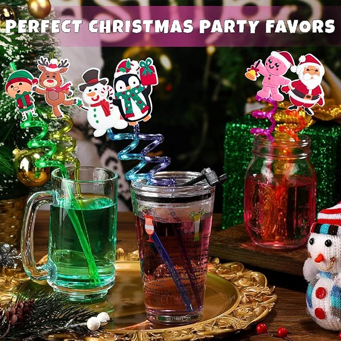 24Pcs Christmas Straws for Birthday Party Favors Supplies Crazy Straws for Xmas Goodie Bag Stuffers Fillers School Classroom Prizes Exchange