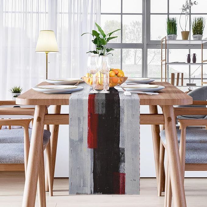 Emvency Black and White Table Runner, Modern Grey Red Art Painting for Kitchen Coffee Table Family Dinners Holiday Parties Wedding Events Decor(13x60 inch)
