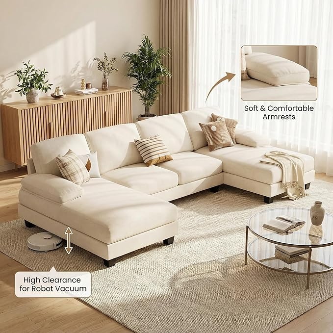Homall Modular Sectional U Shaped Sofa Couches for Living Room, Comfy Chenille 4 Seat Sofa Set with Removable Pillows, Lounge Chaise Upholstered Couch for for Apartment (Chenille, White)