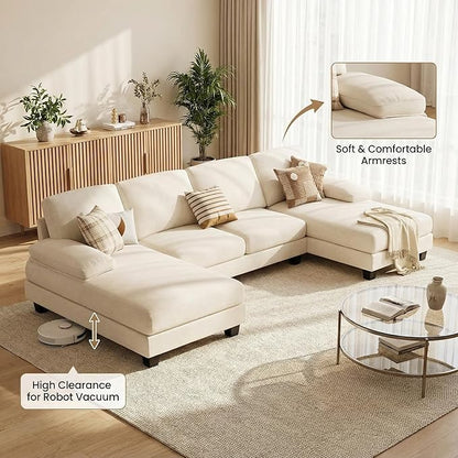 Homall Modular Sectional U Shaped Sofa Couches for Living Room, Comfy Chenille 4 Seat Sofa Set with Removable Pillows, Lounge Chaise Upholstered Couch for for Apartment (Chenille, White)