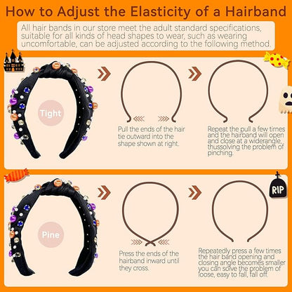 Halloween Pearl Knotted Headband for Women Girls Non Slip Rhinestone Embellished Hair Hoop Halloween Headbands Hair Accessories Gift (Black)
