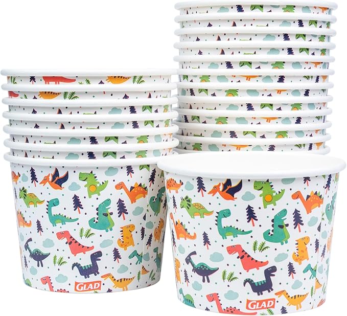 Glad for Kids Dinosaurs Paper Snack Bowls, Lids Not Included - Colorful Heavy Duty, Microwavable, Disposable Snack Cups with Lid for Soup or Ice Cream, 12 Ounce, 20 Count - 24 Pack