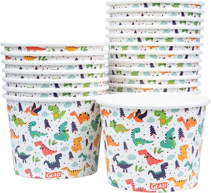 Glad for Kids Dinosaurs Paper Snack Bowls, Lids Not Included - Colorful Heavy Duty, Microwavable, Disposable Snack Cups with Lid for Soup or Ice Cream, 12 Ounce, 20 Count - 24 Pack