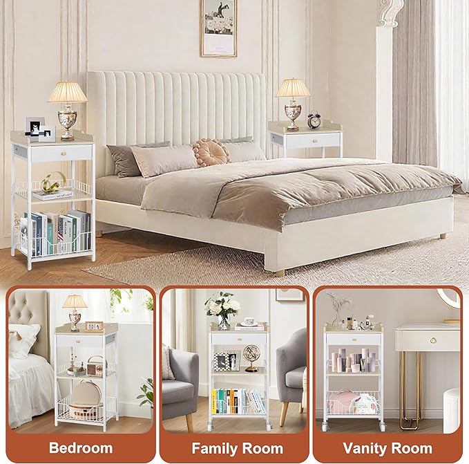 4-Tier Small Side Table with Storage Drawer, Tall Nightstand with Wheels & Basket, Rolling Bathroom Table for Small Spaces, Bedroom, Living Room, Dorm, White and Natural