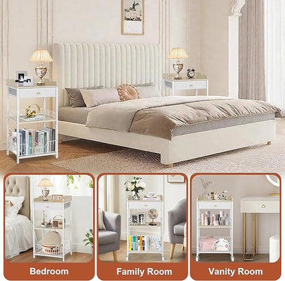 4-Tier Small Side Table with Storage Drawer, Tall Nightstand with Wheels & Basket, Rolling Bathroom Table for Small Spaces, Bedroom, Living Room, Dorm, White and Natural