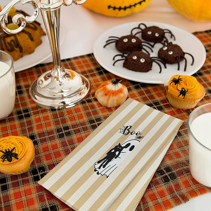 Halloween Black Cat Kitchen Towels, Cat Lover Mom Lady Gifts Dish Tea Towels for Kitchen Decor, Orange Striped Halloween Ghost Decorative Hand Towel for Bathroom, 16x24 Inches