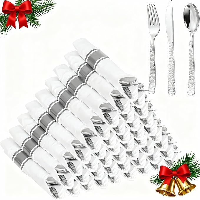 WELLIFE 300PCS Silver Plastic Silverware,Pre Rolled Silverware Set Disposable,Hammer Pattern Design,Disposable Cutlery Includes: 75 Forks, 75 Knives, 75 Spoons, 75 Napkins,Christmas Utensils