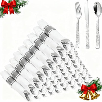 WELLIFE 300PCS Silver Plastic Silverware,Pre Rolled Silverware Set Disposable,Hammer Pattern Design,Disposable Cutlery Includes: 75 Forks, 75 Knives, 75 Spoons, 75 Napkins,Christmas Utensils