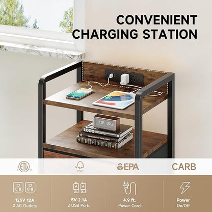 Night Stand Bedside Table Bedroom - Nightstand with Charging Station & LED Light Strip, Bed Side End Table with Storage Shelf & 3 Fabric Drawers, U-S-B Ports & AC Outlets, Rustic Brown