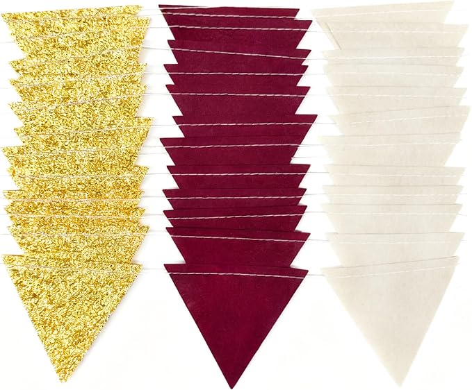 Maroon Gold Party Decorations Burgundy Beige Gold Glitter Felt Hanging Triangle Mini Bunting Pennant Banner Flag for Birthday Graduation Wedding Baby Shower Anniversary Party Nursery Classroom Decor