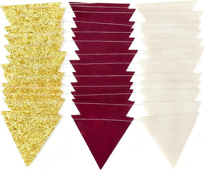 Maroon Gold Party Decorations Burgundy Beige Gold Glitter Felt Hanging Triangle Mini Bunting Pennant Banner Flag for Birthday Graduation Wedding Baby Shower Anniversary Party Nursery Classroom Decor