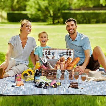 Picnic Basket for 4 Persons with Waterproof Picnic Blanket and Insulated Cooler, Large Wicker Picnic Basket for Camping, Outdoors, Valentine's Day, Christmas, Birthday, Wedding Gift