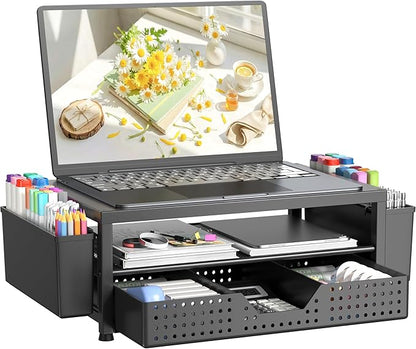 OPNICE Laptop Stand Desk Organizer, 2-Tier Metal Monitor Stand Riser with Drawer & 2 Pen Holders, Ventilated Perforated Steel Top, Office Desk Accessories for Home Office, Black