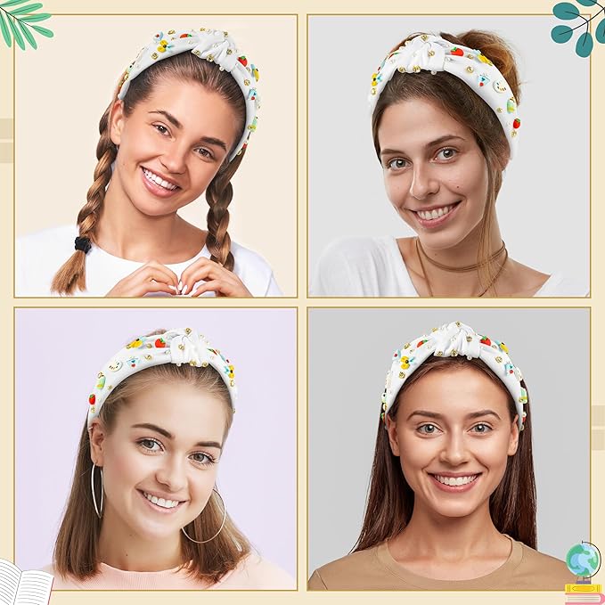 PANTIDE Teacher Jeweled Knotted Headband - Christmas Gift Apple Pencil Rhinestone Pearl Embellished Headband Wide Top Knot Hair Accessories Teacher Appreciation Birthday for Women Girls (White)
