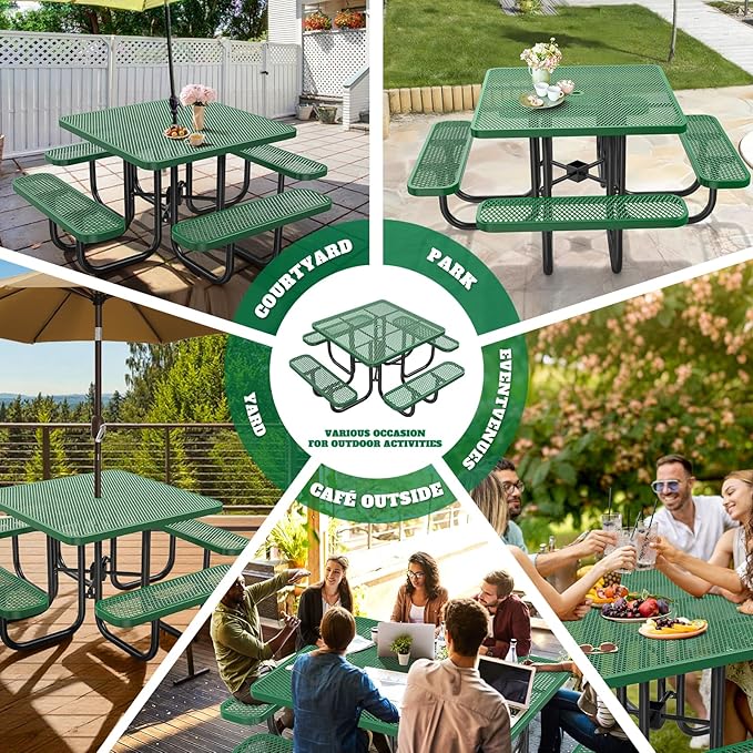 47'' Heavy-Duty Metal Picnic Tables with Umbrella Hole, Outdoor Steel Heavy Duty Commercial Grade Black Table, Outdoor Bench Set for Lawn, Patio, Park, Yard, Garden, Porch (Set C, Square)