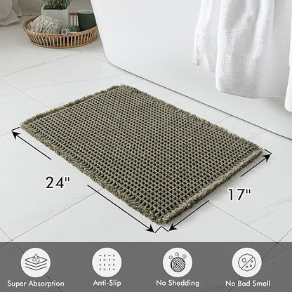MIULEE Set of 2 Waffle Bathroom Rugs, Super Absorbent Non Slip Bath Rugs, Washable Bath Mats with Tassels, Ultra Soft Rubber Backed Shower Mats for Bathroom Floor, Tub, Green, 17x24 Inch