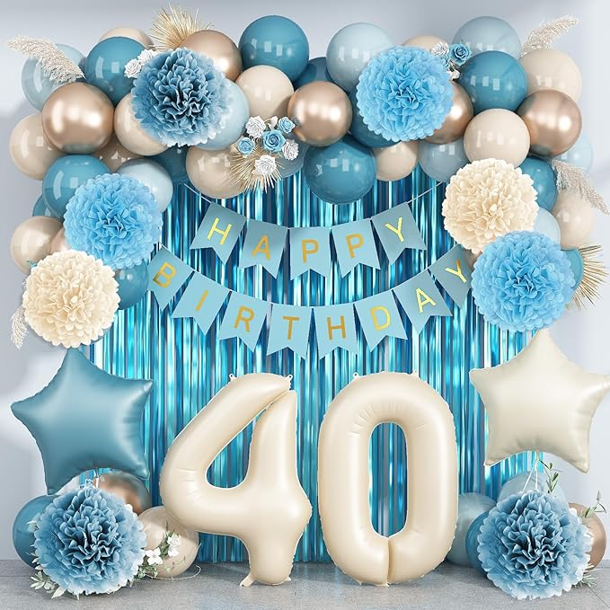 Dusty Blue 40th Birthday Party Decorations for Women Men Beige Cream Number 40 Balloon with Blue Gold Happy Birthday Banner Fringe Curtain Paper Pom Poms Nude White Sand Champagne Star Foil Balloons