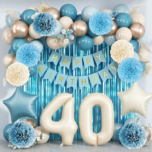 Dusty Blue 40th Birthday Party Decorations for Women Men Beige Cream Number 40 Balloon with Blue Gold Happy Birthday Banner Fringe Curtain Paper Pom Poms Nude White Sand Champagne Star Foil Balloons