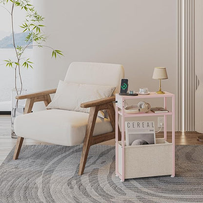 Pink Side Table with Charging Station, Slim End Tables with Linen Basket, Skinny Table for Small Spaces, Thin Bedside Table for Living Room, Bedroom