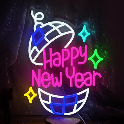 Happy New Year Neon Sign Led Party Light Sign for New Years Eve Decorations Dimmable USB Spring Festival Neon Light for Christmas Holiday Home Bar(16.5 * 12.6 In)