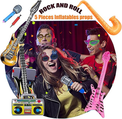 50 Pcs Rock Party Photo Booth Props Set for Adults, Funny Rock Star Party Sunglasses, Hats, Wigs, Inflatable, Photo Booth Props Kits for Graduation, Wedding, Birthday, Bachelorette and All Occasions