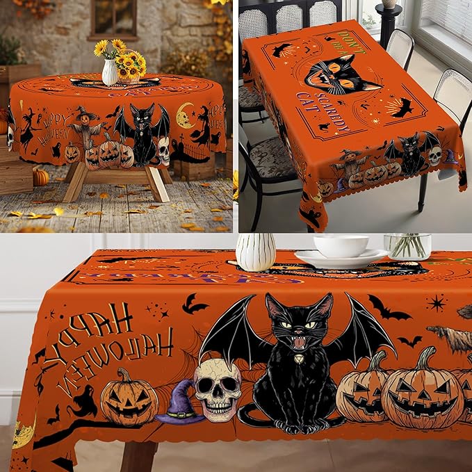 Eikione Round Tablecloth 60inch, Halloween Tablecloth Cat Waterproof and Wrinkle-Free, Table Covers, Summer Decorations for Home Dining