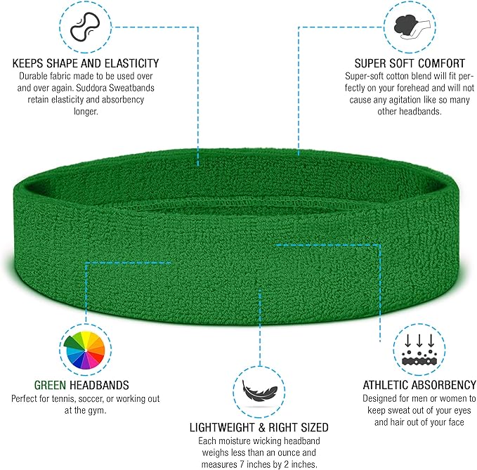 Suddora Workout Headband for Men and Women, Moisture-Wicking Athletic Sweatband, Lightweight Cotton Terry Cloth Bands for Basketball, Tennis, Football, Gym, Running, Cosplay & Costumes
