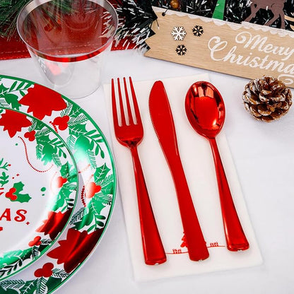 Liacere 175Pcs Christmas Plastic Plates - Green and Red Plastic Plates - include 50 Christmas Plate 25 Cups 75 Plastic cutlery 25 Tree Napkins - Suitable For All Kinds Of Holidays