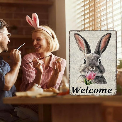 Easter Bunny Tin Sign Retro Tulips - Fun and Metal Sign for Homes Bedrooms Gardens Hallways Parties Spring Decorations 12x16Inch