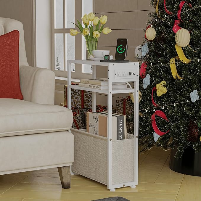 White Side Table with Charging Station, Slim End Tables with Linen Basket, Skinny Table for Small Spaces, Thin Bedside Table for Living Room, Bedroom