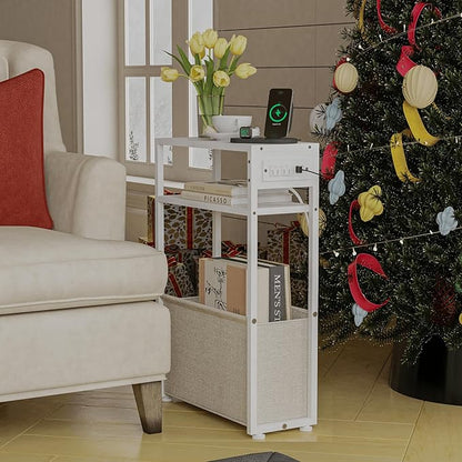 White Side Table with Charging Station, Slim End Tables with Linen Basket, Skinny Table for Small Spaces, Thin Bedside Table for Living Room, Bedroom