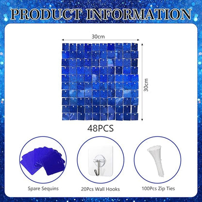 48 PCS Royal Blue Shimmer Wall Backdrop, Laser Square Sequin Photo Backdrops Panel, Glitter Wall Background for Birthdays, Weddings, Halloween, Engagements, Disco Bachelorette Party Decoration (6x8FT)