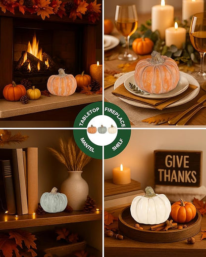 Set of 3 Decorative Pumpkins – Resin Fall Harvest Décor in White, Sage Green & Orange, Rustic Autumn Table Centerpiece for Thanksgiving Farmhouse Home Decoration (White)