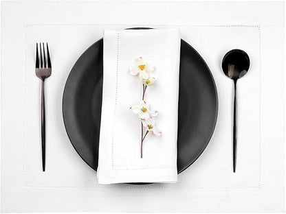 D'Moksha Homes White Linen Placemats Set of 6 - Classic Hemstitch Placemats 14 x 19 Inch - 100% Pure Linen Table Mats for Winter, Christmas, Holiday - Handcrafted and Machine Washable