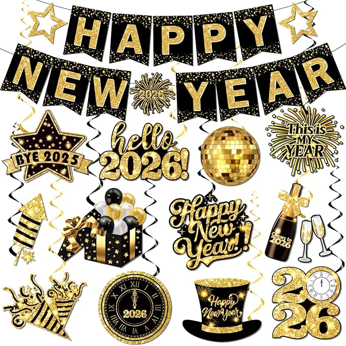 2026 New Years Decorations, Nye Year Party Decorations includes Happy New Year Banner and Hanging Swirl, NYE Party Supplies 2026 for News Years Eve Party Decor Indoor Outdoor Classroom Office