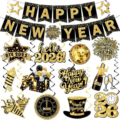 2026 New Years Decorations, Nye Year Party Decorations includes Happy New Year Banner and Hanging Swirl, NYE Party Supplies 2026 for News Years Eve Party Decor Indoor Outdoor Classroom Office