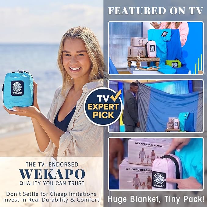 WEKAPO Beach Blanket Sandproof Waterproof, Extra Large Beach Mat, Oversized & Compact Sand Free Mat Quick Drying, Lightweight & Durable with Stakes & Corner Pockets