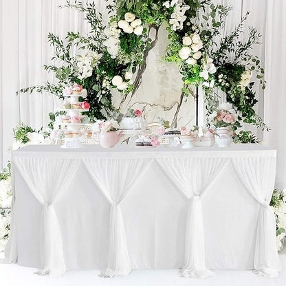 Besutolife White Tulle Table Skirt 14ft Wrinkle-Free Tutu Tablecloth for Gender Reveal, Wedding, Birthday, Reception, Banquet, Photo Booth, Party Table Decorations